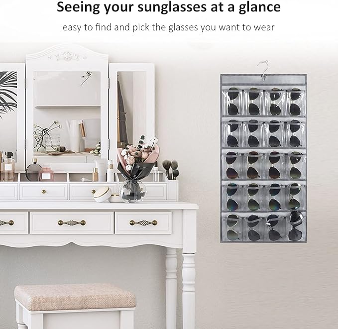 ANZORG Dual Sided Hanging Sunglasses Organizer Storage Wall Mounted Eyeglasses Holder Eyewear Display Case with 40 Clear Slots (40 Pockets-Grey)