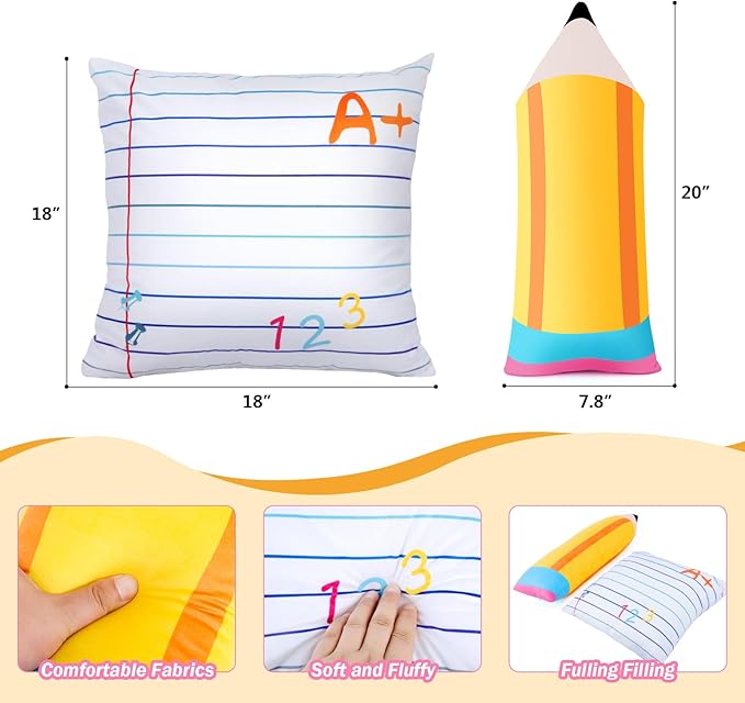 2 Pcs Cute Notebook Pencil Pillows Kids Classroom Large Plush Throw Pillow Back School Creative Stuffed Cushion for Teacher Home Reading Room Sofa Decor Student School Birthday Party Gift Supplies