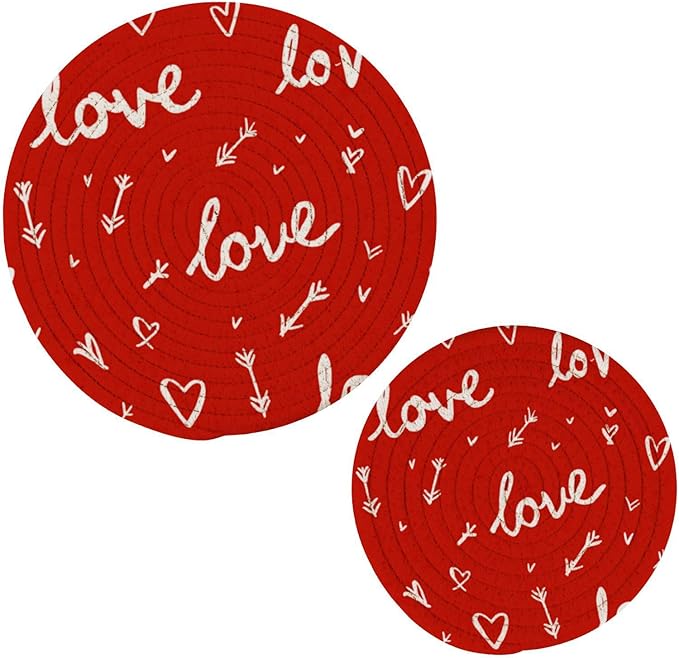 Valentine's Day Hearts Arrows Trivet Mat 2PCS Round Woven Potholders Kitchen Table Countertop Protector Hot Pads Farmhouse Coasters Counter Mats for Cooking Baking
