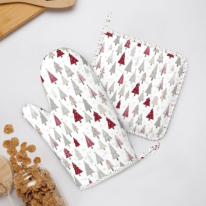 Oven Mitts Pot Holders Set Pine Tree Christmas Pattern Xmas Silicone Kitchen Gloves Potholders Heat Resistant for Chef Baking Cooking Grilling BBQ 4 Pack Mitt