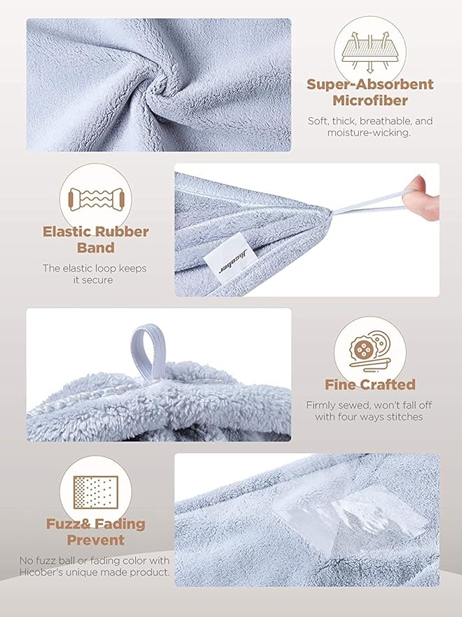 Hicober Microfiber Hair Towel Wrap, Fast Drying Hair Towels for Women, Soft Lightweight Quick Dry Turban for Curly & Long Hair–3 Pack(Blue/Grey/Pink)