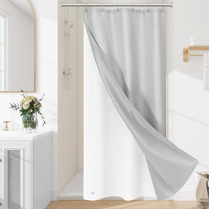 Craidlela 3 in 1 Stall Half Size Light Grey Shower Curtain Set-36 W x 72 H, Modern Waffle Waterproof Fabric and PEVA Liner Set with Stainless Steel Hooks