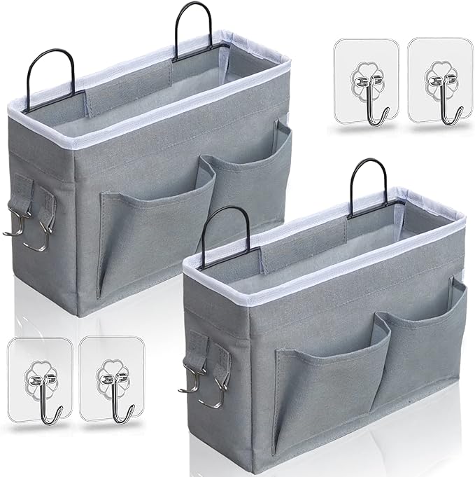 Kanrichu 2pcs Middle Wall Hanging Organizer Bag, Linen Fabric Door Hanging Storage Basket with Pockets, Waterproof Bin for Kitchen, Bedroom, Office, RV Camper (Gray)