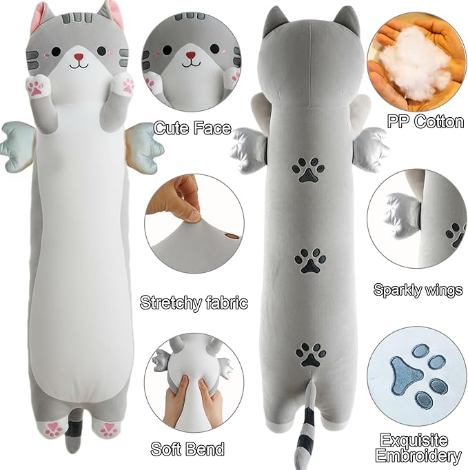 Kekeso Long Cat Plush Pillow, Cute Cat Stuffed Animal Body Pillow with Wings, Soft Kawaii Kitty Hugging Pillow, Christmas Valentine's Birthday Gift for Kids Girls Boys (Gray, 110cm/43.31in)