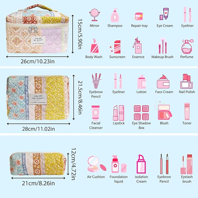 Cozomga Quilted Makeup Bag, Large Capacity Travel Cosmetic Bag for Women and Girls, Aesthetic Storage for Daily and Travel Use (3pcs-EthnicStyle)