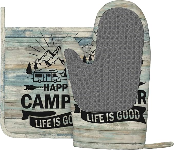 Happy Camper Oven Mitts and Pot Holders Sets of 4,Resistant Hot Pads with Silicone Non-Slip BBQ Gloves for Kitchen,Cooking,Baking,Grilling