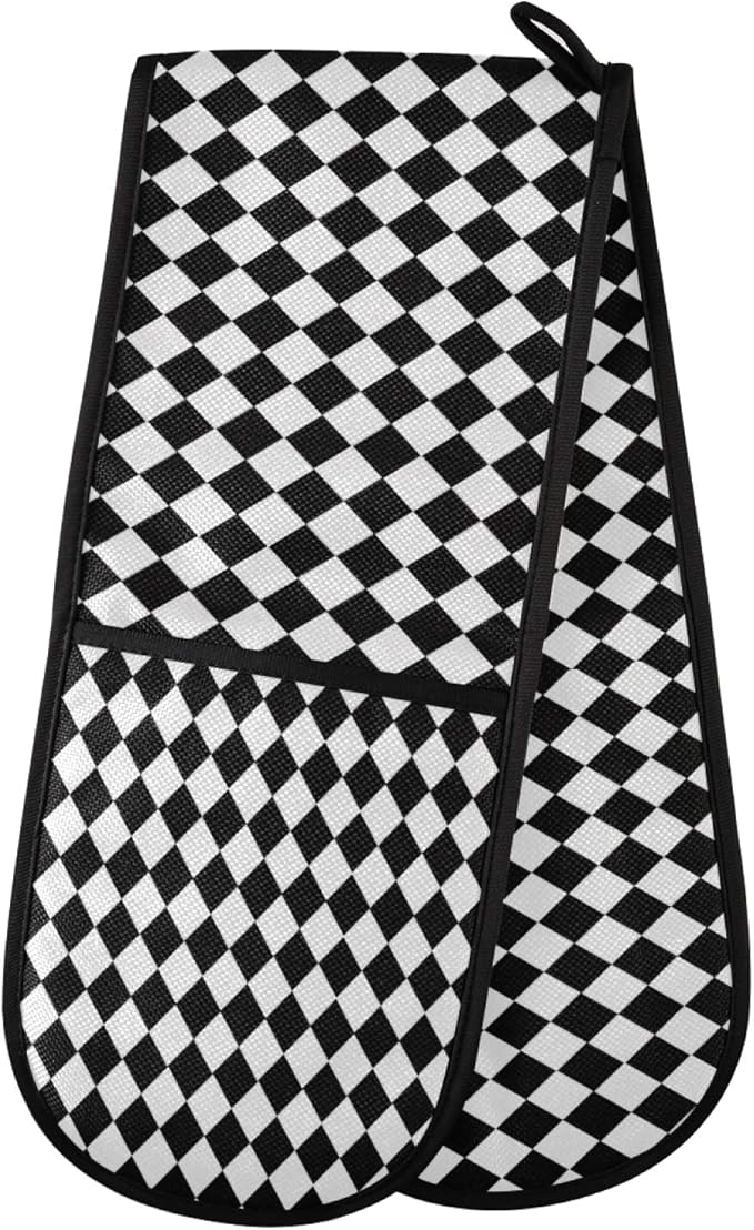 Long Double Oven Mitt for Baking Classic Black White Check Pattern Heat Resistant Quilted Double Oven Glove Potholder for Cooking Grilling Christmas, Washable