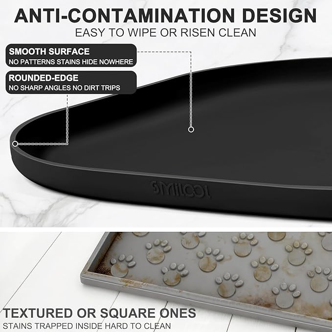 SMILOOL Small Silicone Pet Food Mat with Raised Edge for Food and Water Bowl, Square Dog Feeding Mats, Cat Food Trays for Floor Waterproof, Rubber Tray for Dogs and Cats, 12 x 12 x 0.7 Black