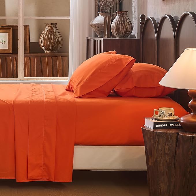 100% Linen Sheet Set Queen Size Extra Deep Pocket Fits 18-24 Inch Mattress, Breathable & Soft, Smooth 4-Piece Set for Thick Mattresses Hotel Luxury Bedding（Queen, Orange）