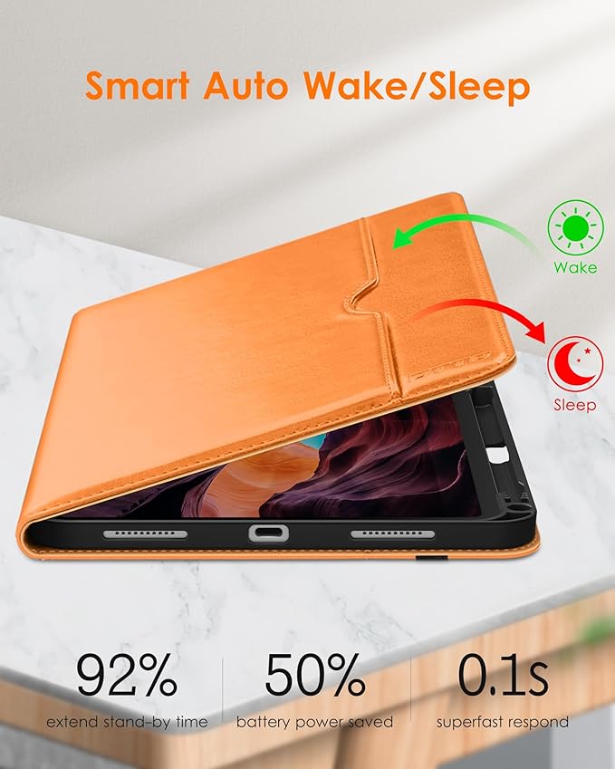 DTTO for iPad (A16) 11th Generation Case 11 Inch 2025, iPad 10th Generation Case 10.9 Inch 2022, Premium Leather Business Folio Stand Cover with Pencil Holder - Auto Wake/Sleep, Orange