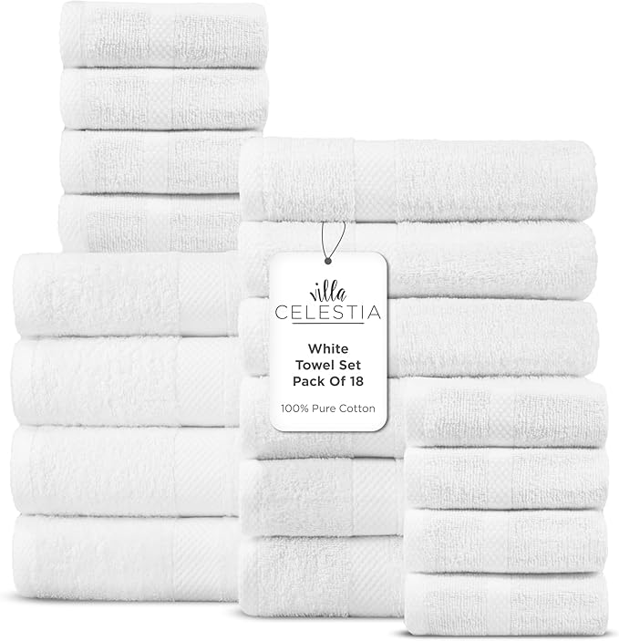 Villa Celestia 100% Cotton Bath Towel Set of 18-4 Bath Towels, 6 Hand Towels, 8 Wash Cloths, Sustainable, Soft, Highly Absorbent, Combed Cotton 18 Piece Set for Hotels, Spa, Bathroom, Dorm, White