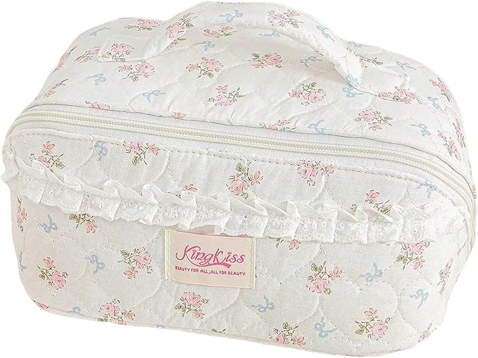 HiTotes Travel Makeup Bag Coquette Floral Cosmetic Bag Quilted Wide Open Lay Flat Toiletry Bag Cute Travel Makeup Pouch