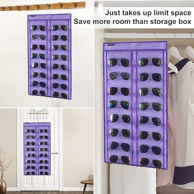 ANZORG Dual Sided Hanging Sunglasses Organizer Wall Eyeglass Holder Sunglass Rack for Home with 32 Dust Proof Pockets (32 Pockets-Purple)