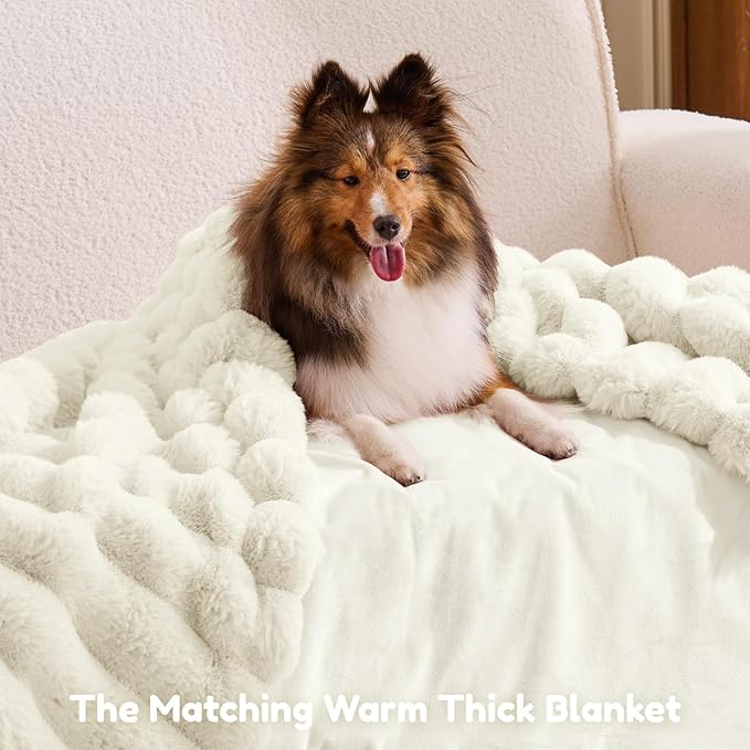 ChiXnuggle Human Dog Bed for Adult - Luxury Striped Faux Fur Giant Dog Bed with Portable Handle, Egg Orthopedic Foam Pad with Thick Blanket, 72"x40"x10", Cream