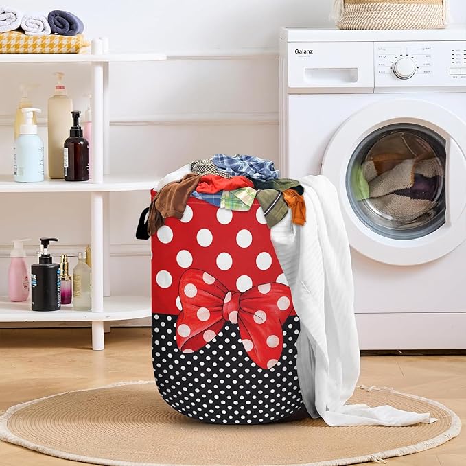 Polka Dot Red Bow Laundry Basket with Sturdy Handles, Collapsible Oxford Cloth Laundry Hamper Organizer Basket for Bathroom Bedroom 15.7x20 Inch