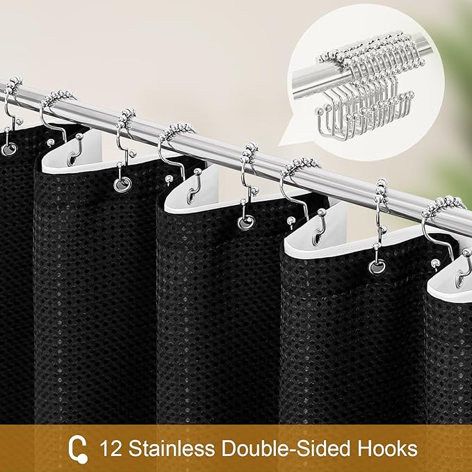 Craidlela 3 in 1 Stall Half Size Shower Curtain Set-36 W x 72 H, Black Waffle Waterproof Fabric and PEVA Liner Set with Stainless Steel Hooks