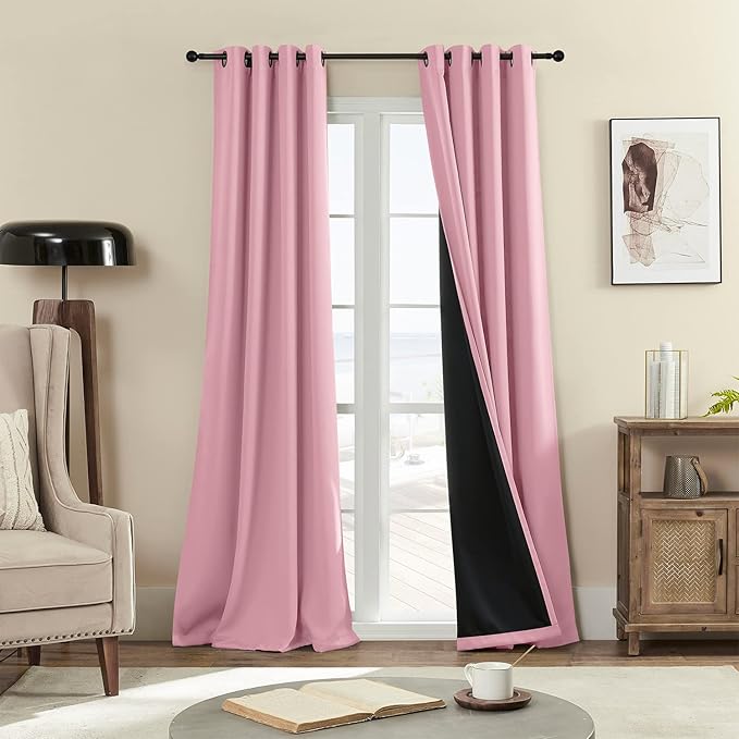 Rutterllow 100% Blackout Curtains, Full Shade 90 Inches Long Complete Blackout Drapes for Living Room, Thermal Insulated Bedroom Window Treatment Drapes (2 Panels,Pink, 52 x 90 inch)