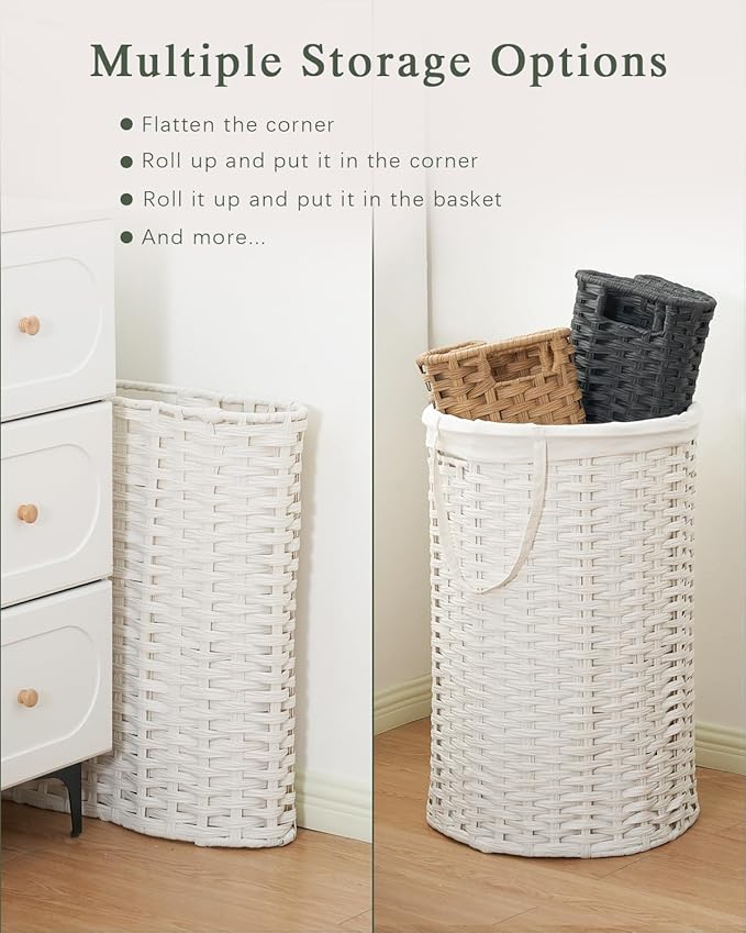 SETVSON Laundry Hamper with Lid Laundry Basket with Lid 19.0 Gal (72 L) Round Wicker Laundry Basket Handwoven Rattan Basket with Lid Removable Bag 2 Mesh Bags Handles for Living Room Bathroom White