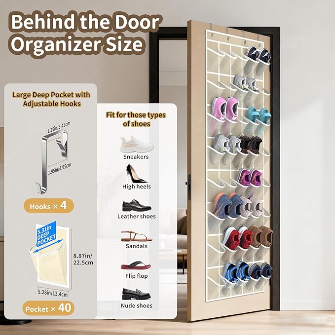 Gisiyunly Over the Door Shoe Organizer with 40 Large Pockets, Multi-Purpose Storage for Shoe and Accessories, Durable Fabric with Adjustable Hooks for Home Closet Bedroom Entryway -Beige