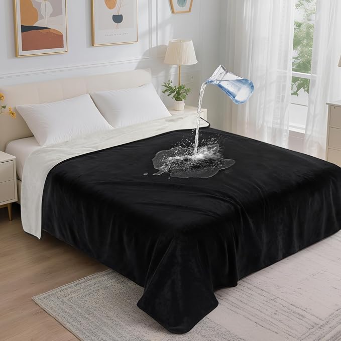 LOOBANI Waterproof Blanket for Bed: Reversible Soft Flannel Twin Bed Blanket 60" x 80", Leakproof Throw Spill-Proof Dog Pet Blanket for Couch, Sofa Protect, Movie Time, Camping, Travel, Black