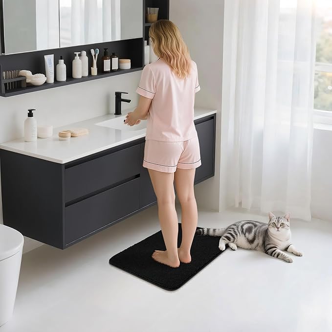COSY HOMEER Bathroom Rugs Mat 16”x24” Absorbent Non-Slip Bath Mat Plush Shaggy Machine Washable Bath Rugs Soft Polyester Bath Mats for Bathroom Floor,Tub and Shower,Black