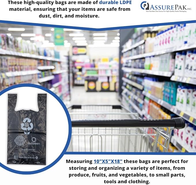 ASSUREPAK Black Reusable/Eco-Friendly LDPE T-Shirt - 1/8 BBL (10"X5"X18") - 300 Bags - 57 Micron (2.25 mil) - Black - BLKLD40REC225REUSE10518