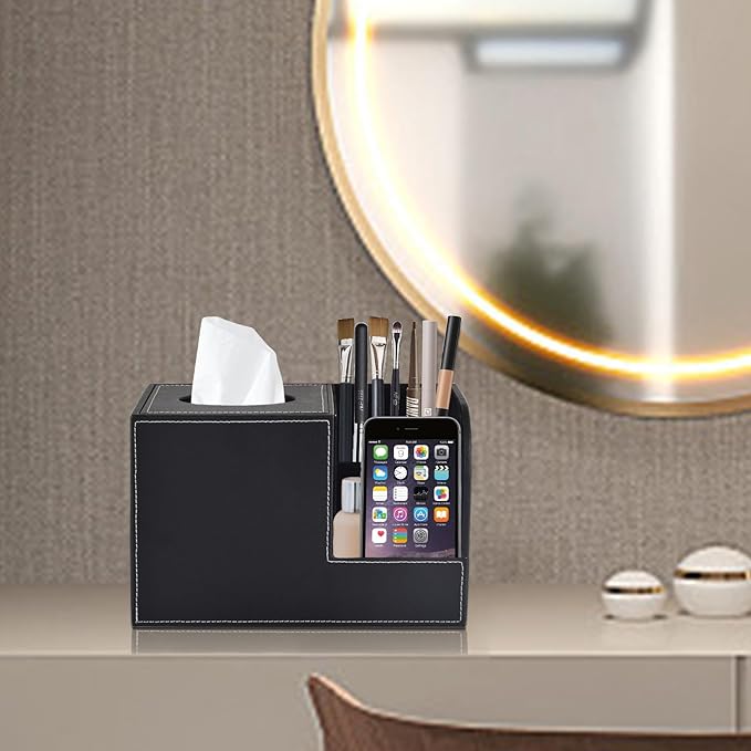 XNONE PU Leather Tissue Box Cover with Storage Square-Multifunctional Tissue Holder,Remote Control Holder,Decorative Tissues Boxes Organizer,Home Office Desktop Storage box,Black