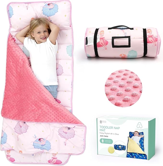 ACRABROS Toddler Nap Mat with Pillow and Blanket, Extra Large Rolled Napping Mats,Slumber Bags for Boys Girls,Kids Sleeping Bag for Daycare, Preschool Travel Camping, Ballet, King