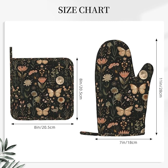 Oven Mitts Pot Holders Set Vintage Butterfly Moon Flower Silicone Kitchen Gloves Potholders Heat Resistant for Chef Baking Cooking Grilling BBQ 4 Pack Mitt