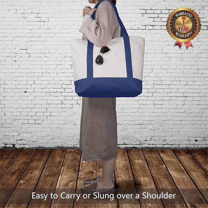 TOPDesign 3-Pack Canvas Tote Bags with an External Pocket, Reusable Grocery Shopping Bags, Top Zipper Closure, Daily Essentials (Blue/Natural)