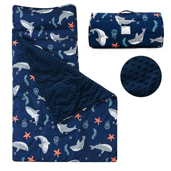 PHF Toddler Nap Mat with Removable Pillow and Minky Fleece Blanket, Rollup Design Warm Slumber Bags for Boys, 52"x20"x2" Kids Sleeping Bag for Daycare Preschool Travel Camping, Shark