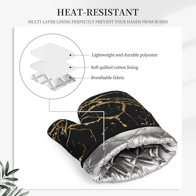 Oven Mitts and Potholders Black Marble Silicone Glove Heat Resistant, Kitchen Gloves for Cooking, 2-Piece Set