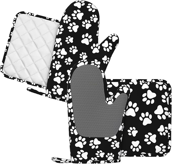 Dog Paw Oven Mitts Pot Holders Set Silicone Cat Footprint Dog Paw Prints Black White Kitchen Oven Mitts Heat Resistant Potholders Non-Slip 4pcs Hot Pads and Oven Gloves Sets for Baking