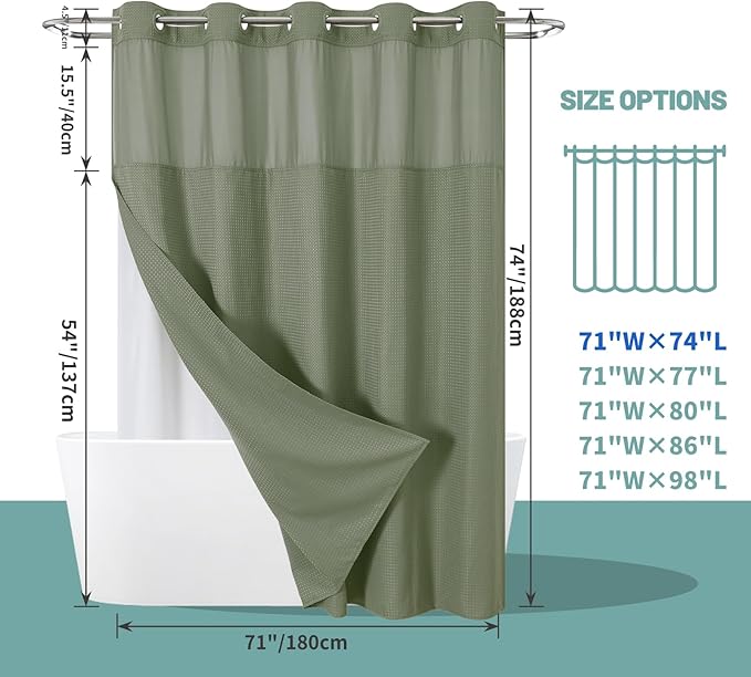 eachope SageGreen No Hook Waffle Weave Shower Curtain with snap-in Liner Replacement, 230GSM Waterproof Fabric Hotel Shower Curtain Set for Bathroom, Through Mesh Top Window,71Wx74H