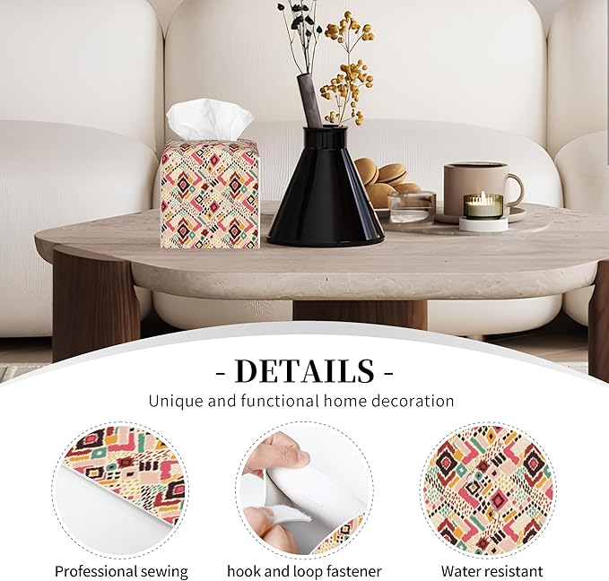 POIUBLE Tissue Box Holder Tribal Geometric Tissue Box Cover Square Leather Tissue Holder Organizer Portable Decorative Facial Paper Case for Home Office Bathroom Vanity Countertop