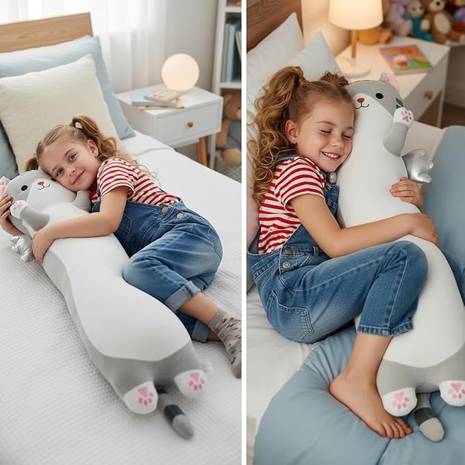 Kekeso Long Cat Plush Pillow, Cute Cat Stuffed Animal Body Pillow with Wings, Soft Kawaii Kitty Hugging Pillow, Christmas Valentine's Birthday Gift for Kids Girls Boys (Gray, 110cm/43.31in)