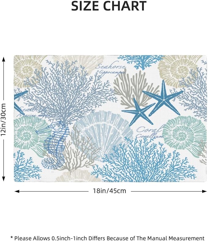 Starfish Placemats, Watercolour Summer Blue Underwater Coral Seashells Starfish Seahorse Sea Animals Print Washable Fabric Placemats Table Kitchen Dining Party 12x18 Inch Set of 4