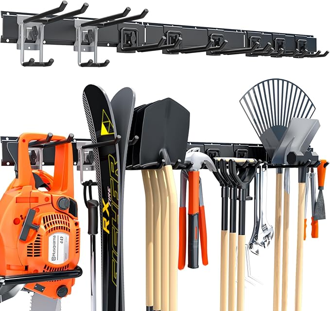 Lvoess 48" Garage Tool Organizer Wall Mount, 440lbs Heavy Duty Metal Storage Rack | Adjustable Hooks Garden Tool Organization System | Anti-Rust Shed Holder for Hanging Rake, Broom, Shovel, Snowboard