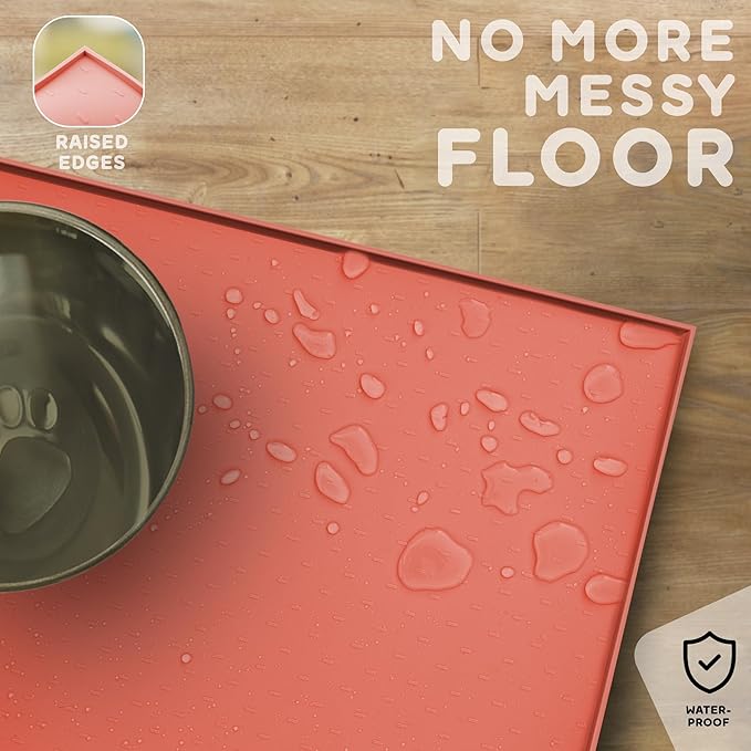 PetHappily Dog Food Mat - Raised Edges Dogs Mat for Food and Water Prevent Spill, Waterproof Cat Food Mats Protect Floors, Easy Clean Dog Bowl Mats for Food and Water, Silicone Pet Food Tray