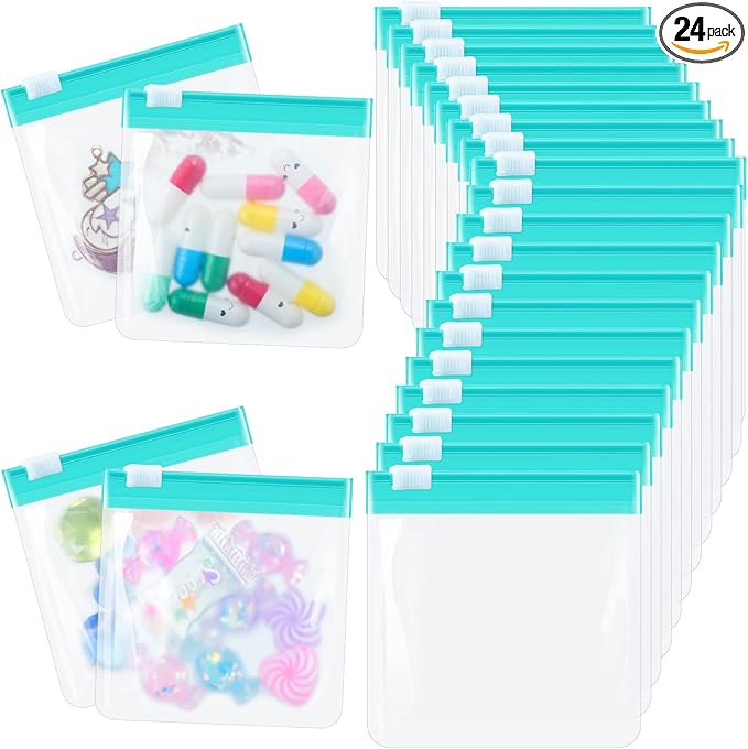 24 Pieces Pill Pouch Bags Zippered Set Reusable Translucent Medicine Organizer Sealing Travel Plastic Bags with Slide Lock for Storage(Turquoise)