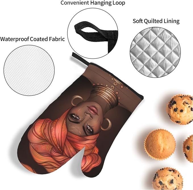 African Woman Oven Mitts and Pot Holders 4 Pcs Set Afro Black Girl Oven Gloves and Potholders for Cooking Microwave BBQ Baking Grilling