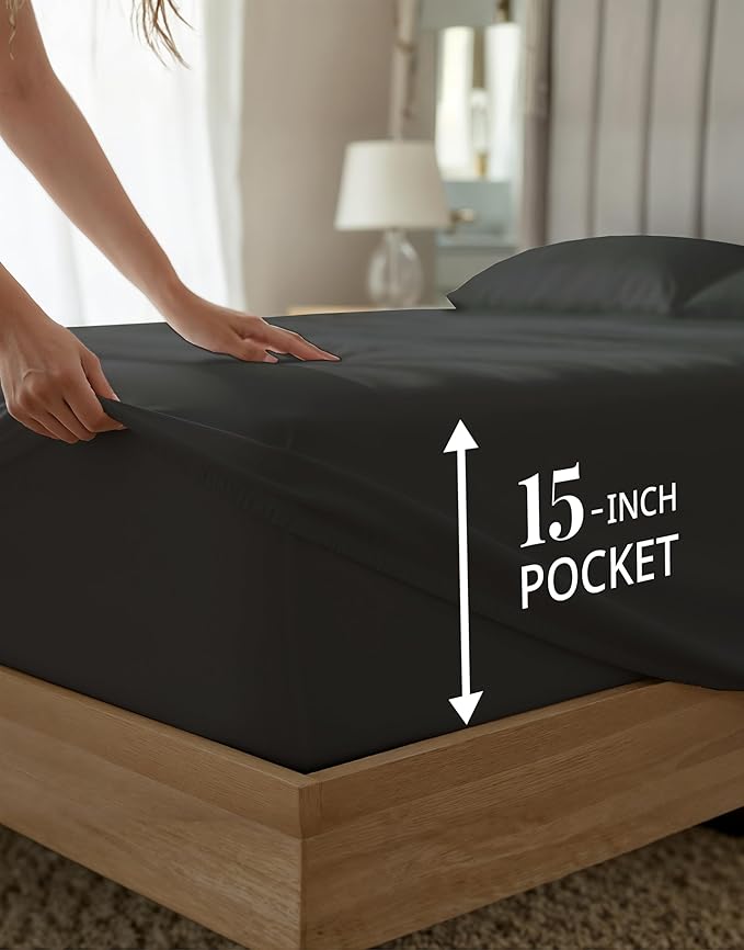 LANE LINEN 1000TC 100% Egyptian Cotton Split King Bed Sheets for Adjustable Beds - Fully Elasticized Reinforced Seams Extra Deep Pocket Split King Sheet, No Pill Fade Resistant Sheets- Black