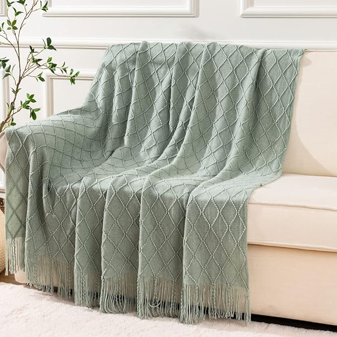 BATTILO HOME Sage Green Throw Blanket for Couch, Boho Bed Throws for Home Decor, Light Blue Throw Blanket for Sofa Living Room, 50"x60"