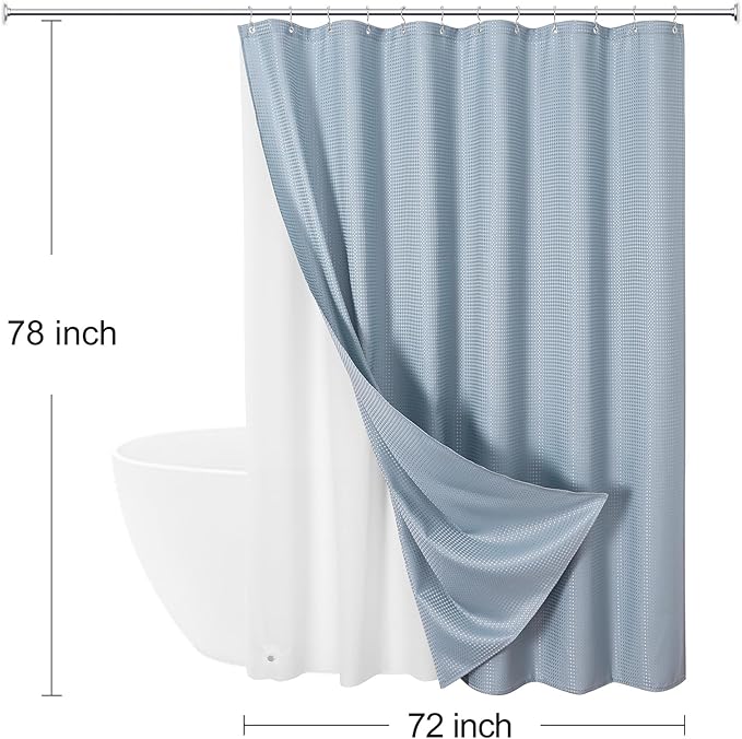 Craidlela 3 in 1 Long Blue Shower Curtain Set-72 W x 78 H, Fog Blue Waffle and PEVA Liner Set with 12 Stainless Steel Hooks, Waterproof Fabric for Bathroom