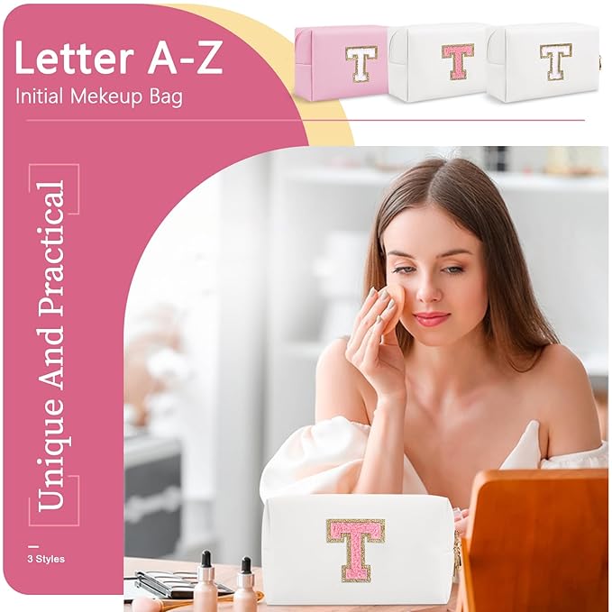 Personalized Makeup Bag Initial A-Z Preppy Patch Bag,Small PU Leather Travel Cosmetic Bag Pouch with Zipper,White Cute Toiletry Bag,Gift Ideal for Teen Girls Women Birthday Friend Mom,Letter T