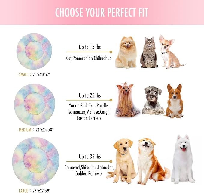 Raimaiso Anti Anxiety Round Fluffy Plush Faux Fur Warm Washable Dog Bed & Cat Bed, Original Bed for Small Medium Large Pets,Used to Relieve Joints and Improve Sleep（20"/24"/27''） (20", Rainbow)