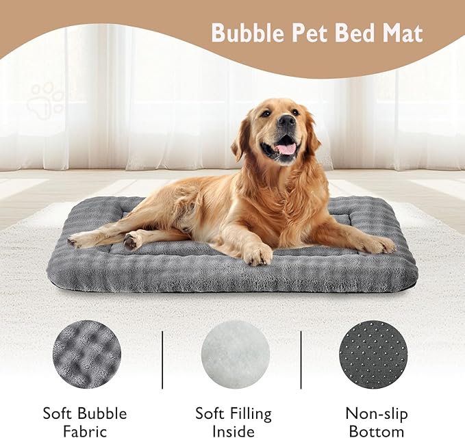 Yaning Dog Bed Mat Crate Pad for Large Dogs, Washable Soft Pet Sleeping Mat Kennel Pad with 3D Bubble Pattern, Grey, 42"x 28"