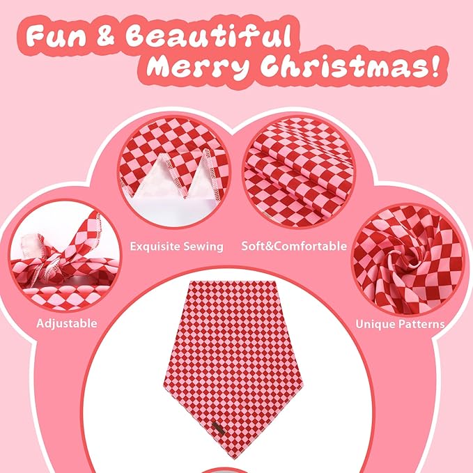UP URARA PUP Red and Pink Plaid Dog Bandana–Red and Pink Checked Triangle Scarf for Small Medium Large Dogs, Soft Cotton Pet Bib for Dogs, Adjustable Dog Kerchief
