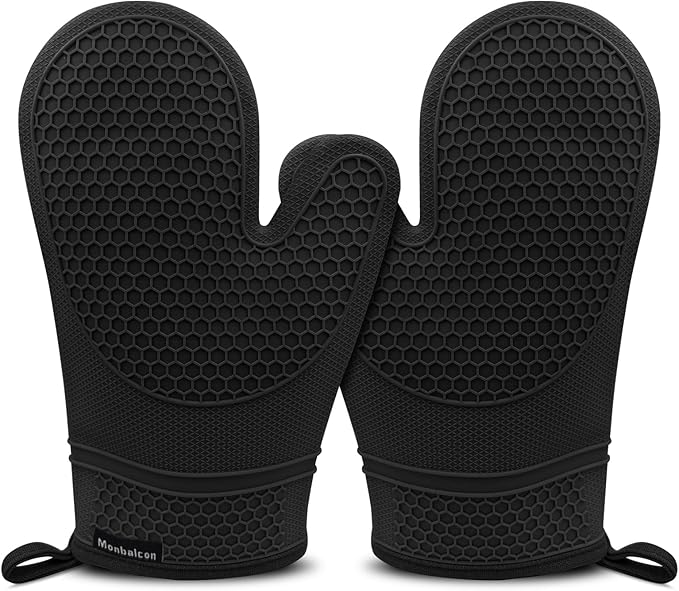 Silicone Oven Mitts Heat Resistant to 500ºF Kitchen Gloves Oven Gloves Silicone Oven Mitt Pair Oven Mitts Set Thickened Waterproof Mittens for Women Men Kitchen Home, 1 Pair (Black)