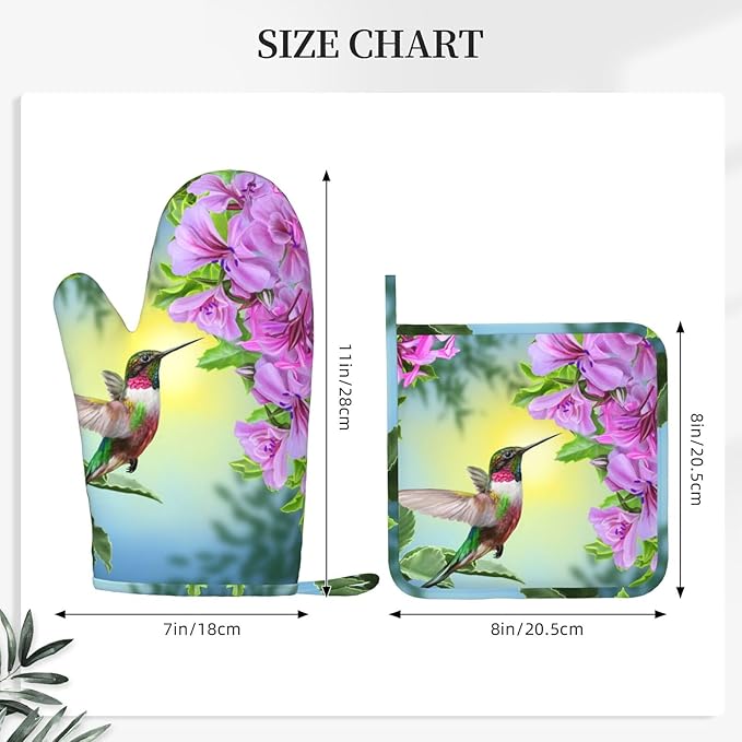 Bird Hummingbird Flower Oven Mitts And Pot Holders Set Of 4 Silicone Heat Resistant Oven Mitten Potholders Non Slip Gloves Kitchen Decor For Bbq Cooking Grilling Baking